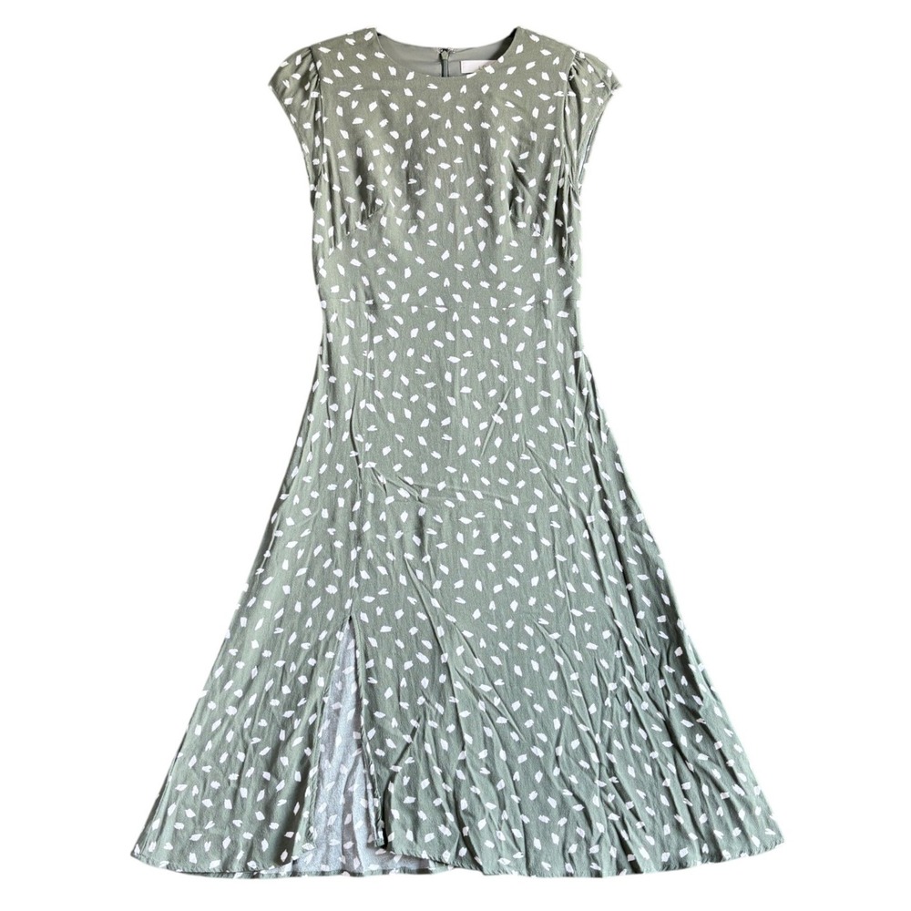 LOFT Olive Green White Abstract Print Cap Sleeve Midi Dress Slit 00P Petite